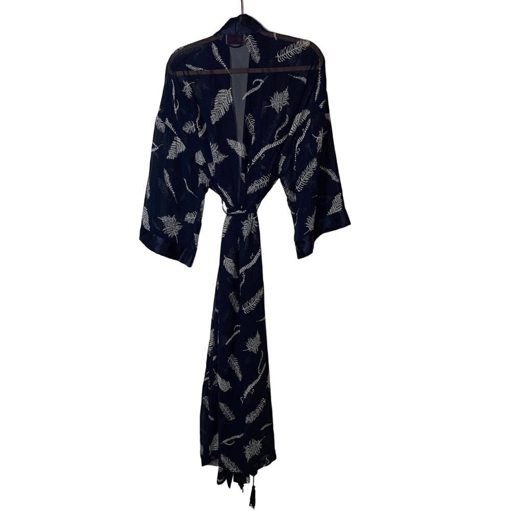 Judith Hart Intimates Robe Size Large Navy Matching Belt Fern Print Sheer